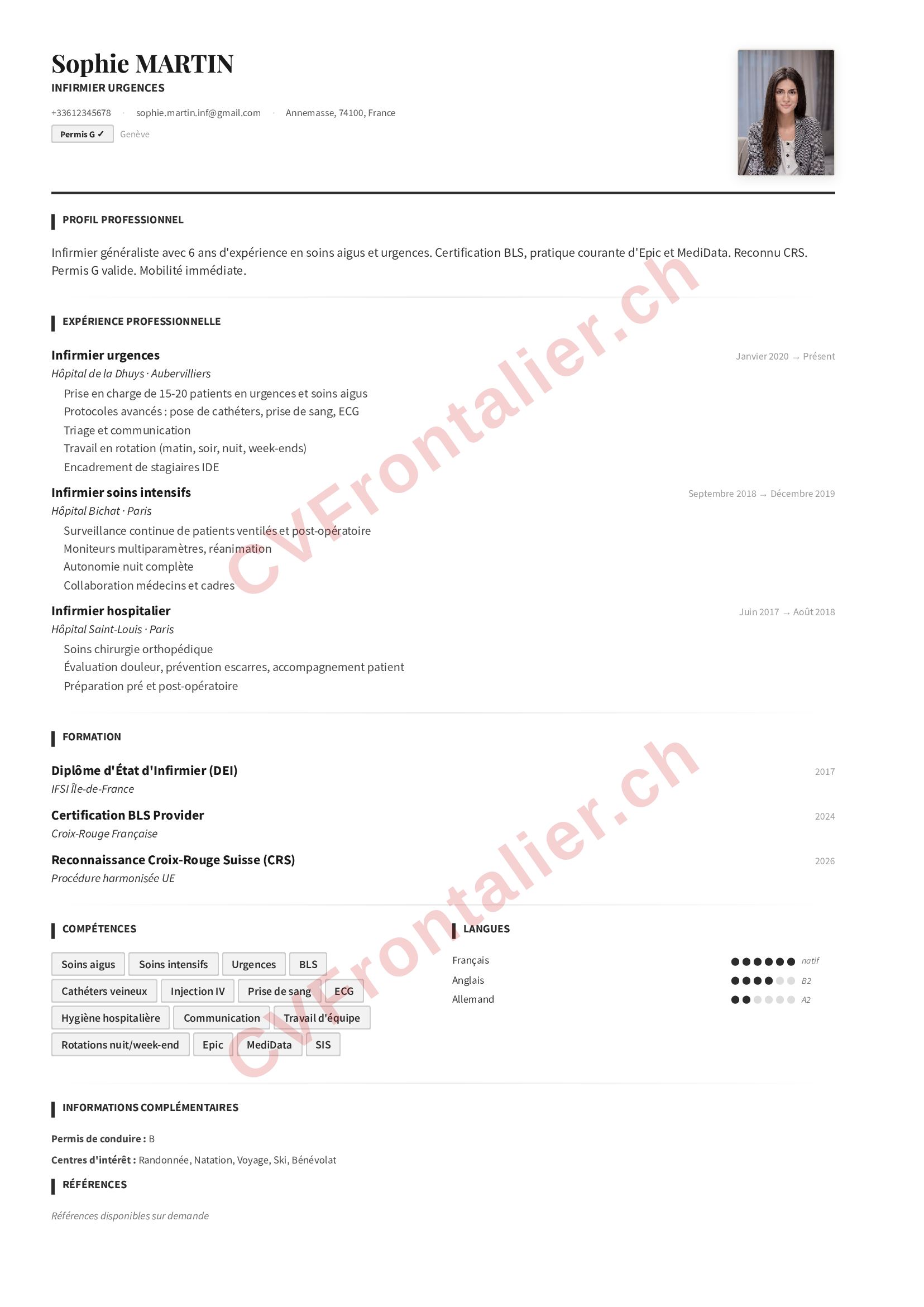 Exemple de CV infirmier suisse créé avec CVFrontalier : en-tête avec permis G frontalier Genève, photo professionnelle, accroche avec certification BLS, reconnaissance CRS, compétences techniques et expérience en soins aigus.